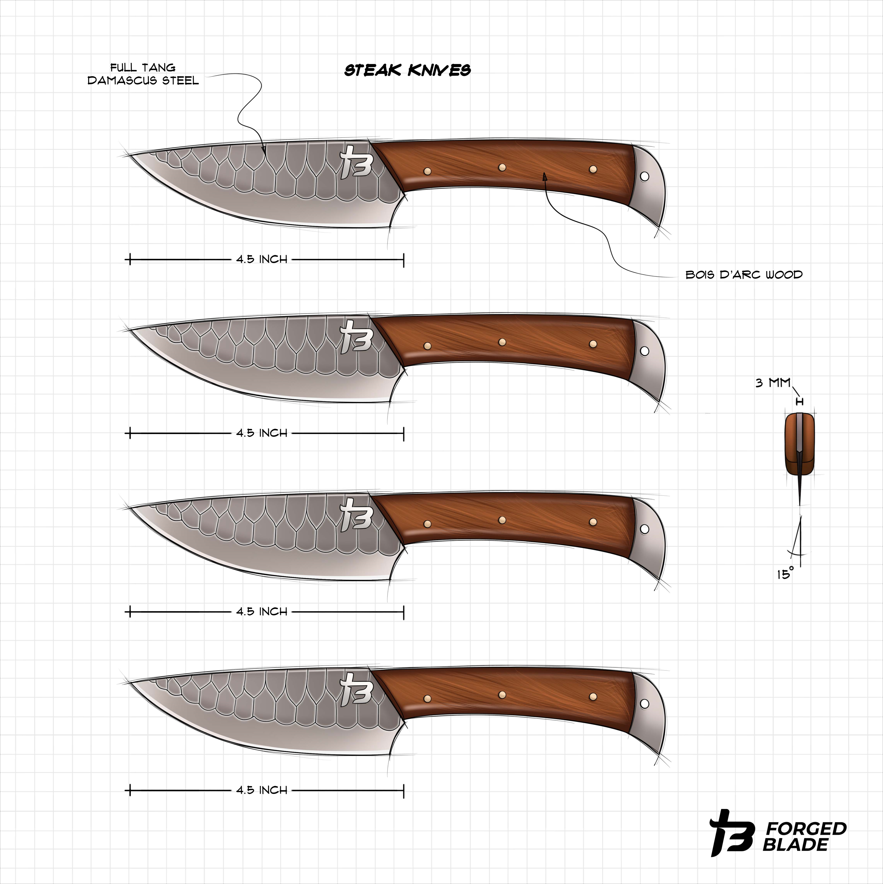 Wildrose - Damascus 4 Piece Steak Knife Set & Leather Roll