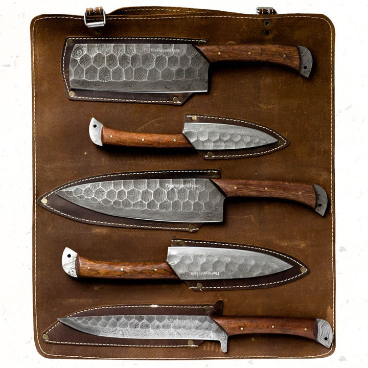 Wildrose - Damascus 5 Piece Chef Knife Set & Leather Roll