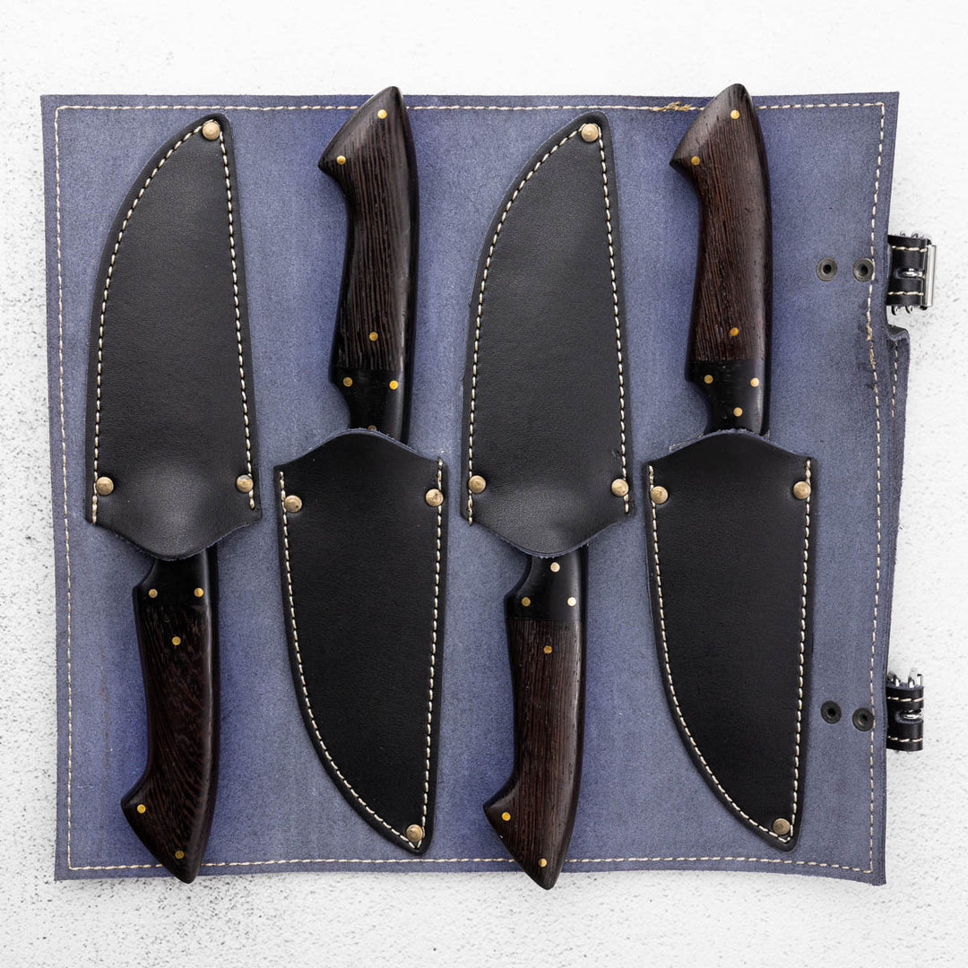 Darkthorn - Damascus 4 Piece Steak Knife Set & Leather Roll