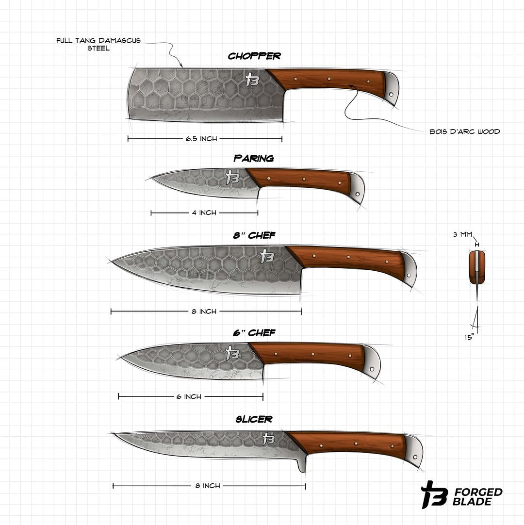 Wildrose - Damascus 5 Piece Chef Knife Set & Leather Roll