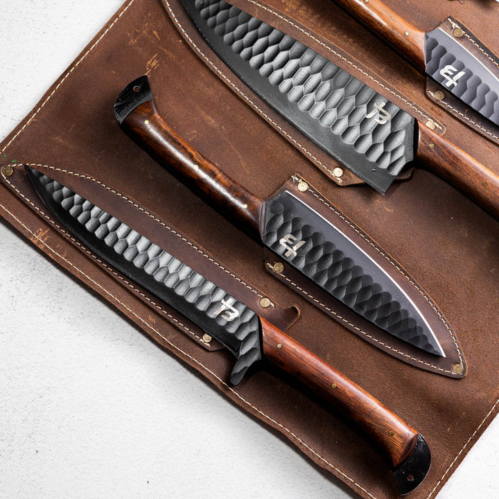 Wildrose Noir - Black 5 Piece Chef Knife Set & Leather Roll
