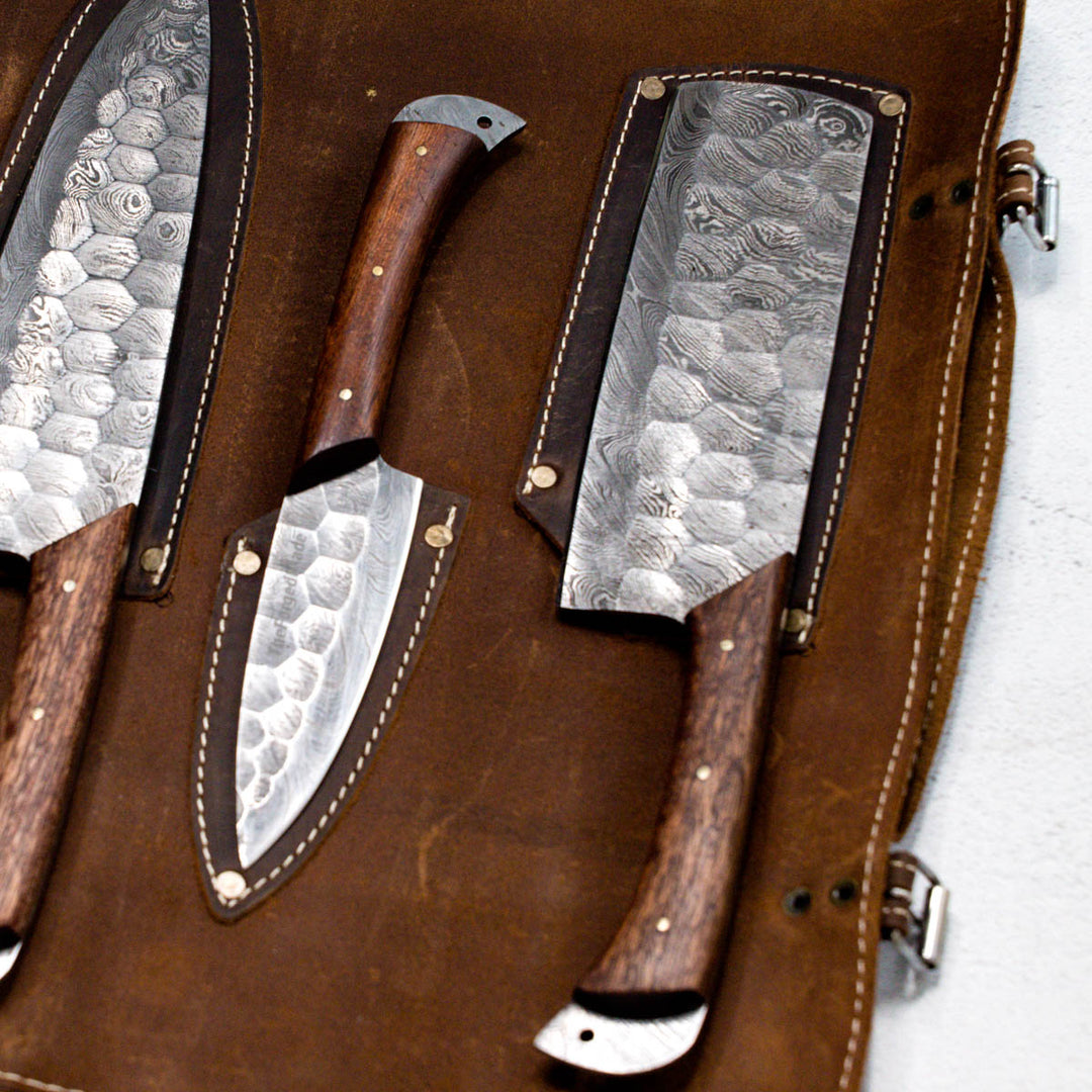 Wildrose - Damascus 5 Piece Chef Knife Set & Leather Roll