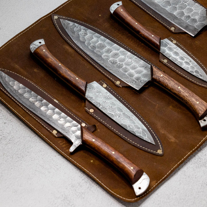 Wildrose - Damascus 5 Piece Chef Knife Set & Leather Roll