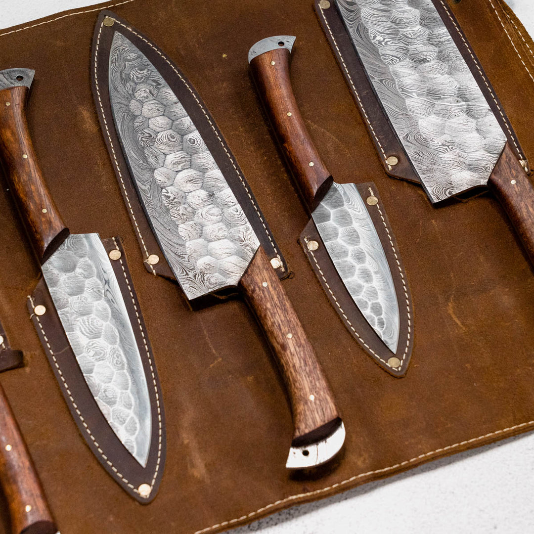 Wildrose - Damascus 5 Piece Chef Knife Set & Leather Roll