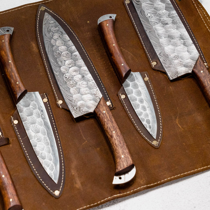 Wildrose - Damascus 5 Piece Chef Knife Set & Leather Roll