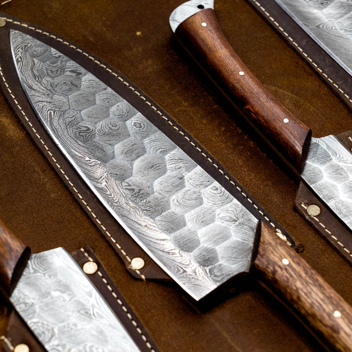Wildrose - Damascus 5 Piece Chef Knife Set & Leather Roll