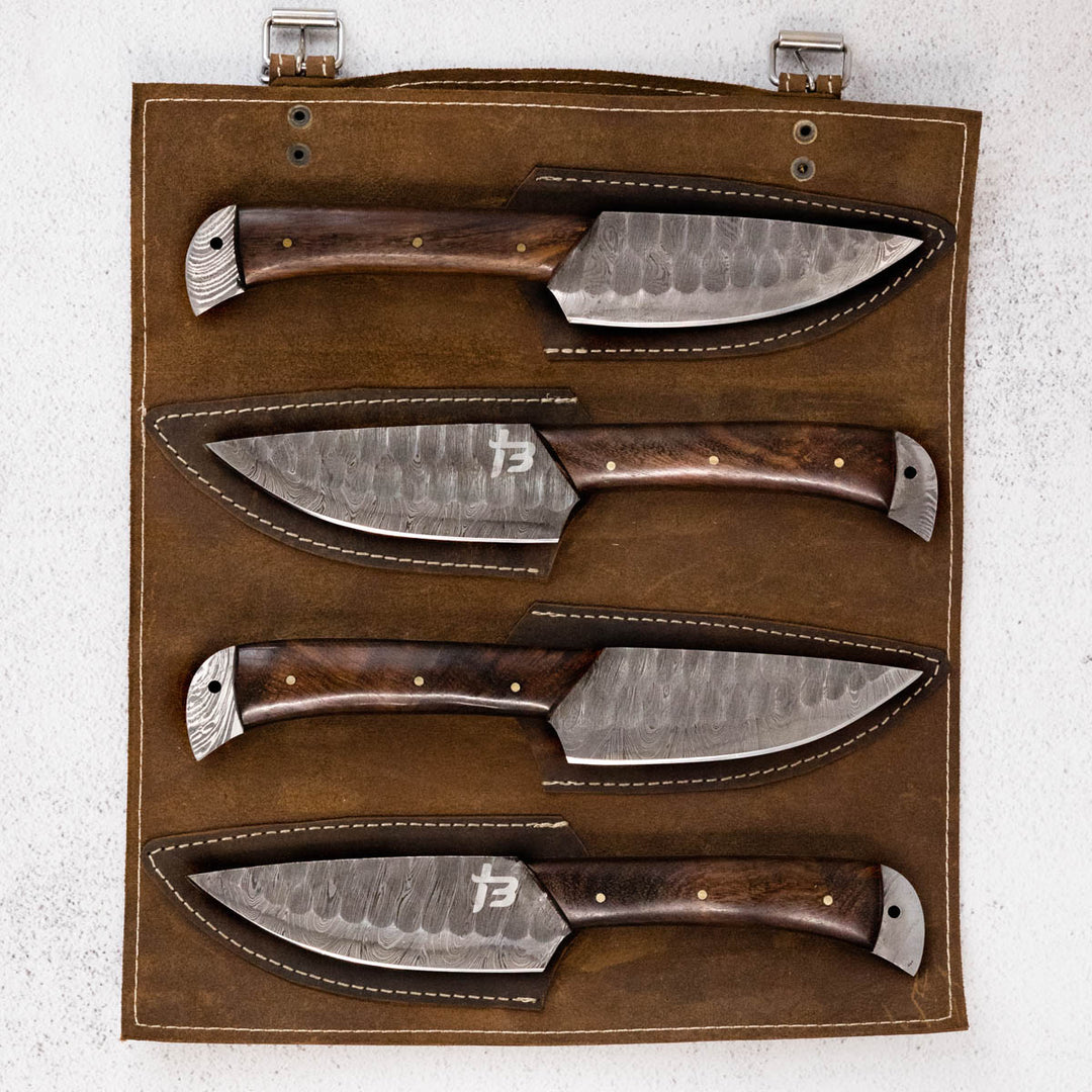 Wildrose - Damascus 4 Piece Steak Knife Set & Leather Roll