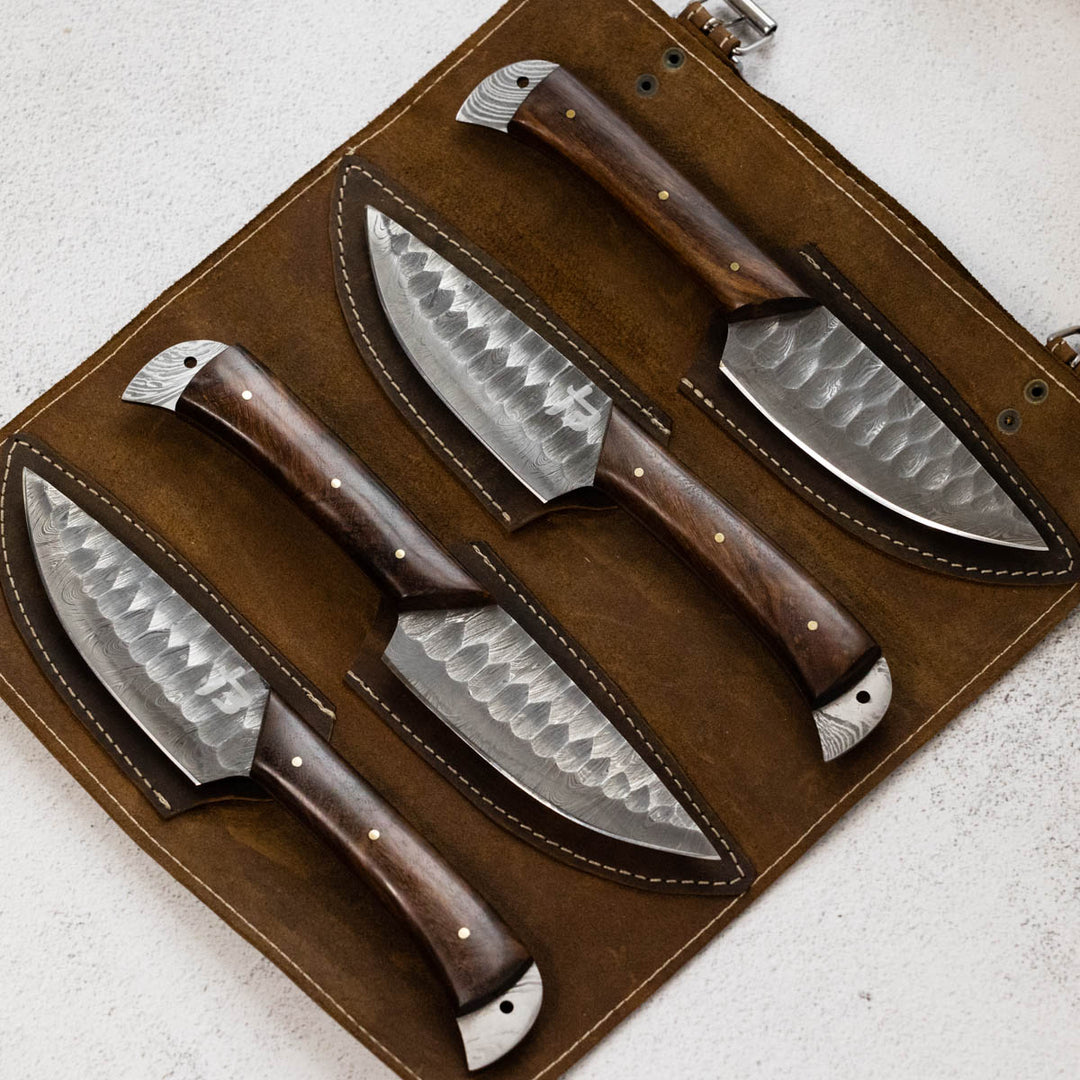 Wildrose - Damascus 4 Piece Steak Knife Set & Leather Roll