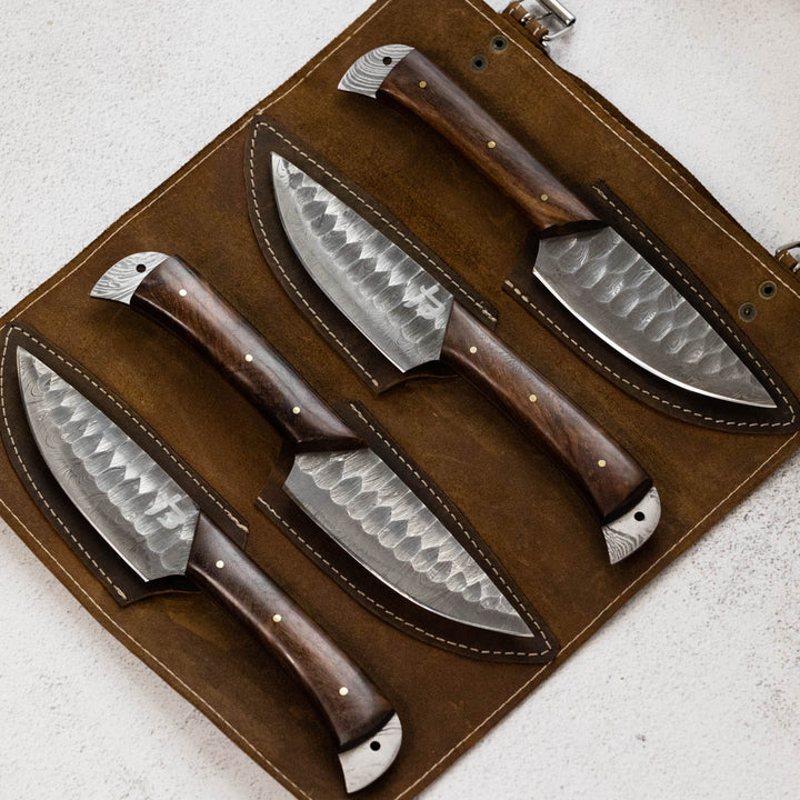 Wildrose - Damascus 4 Piece Steak Knife Set & Leather Roll