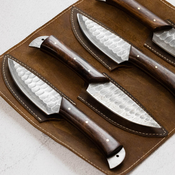 Wildrose - Damascus 4 Piece Steak Knife Set & Leather Roll