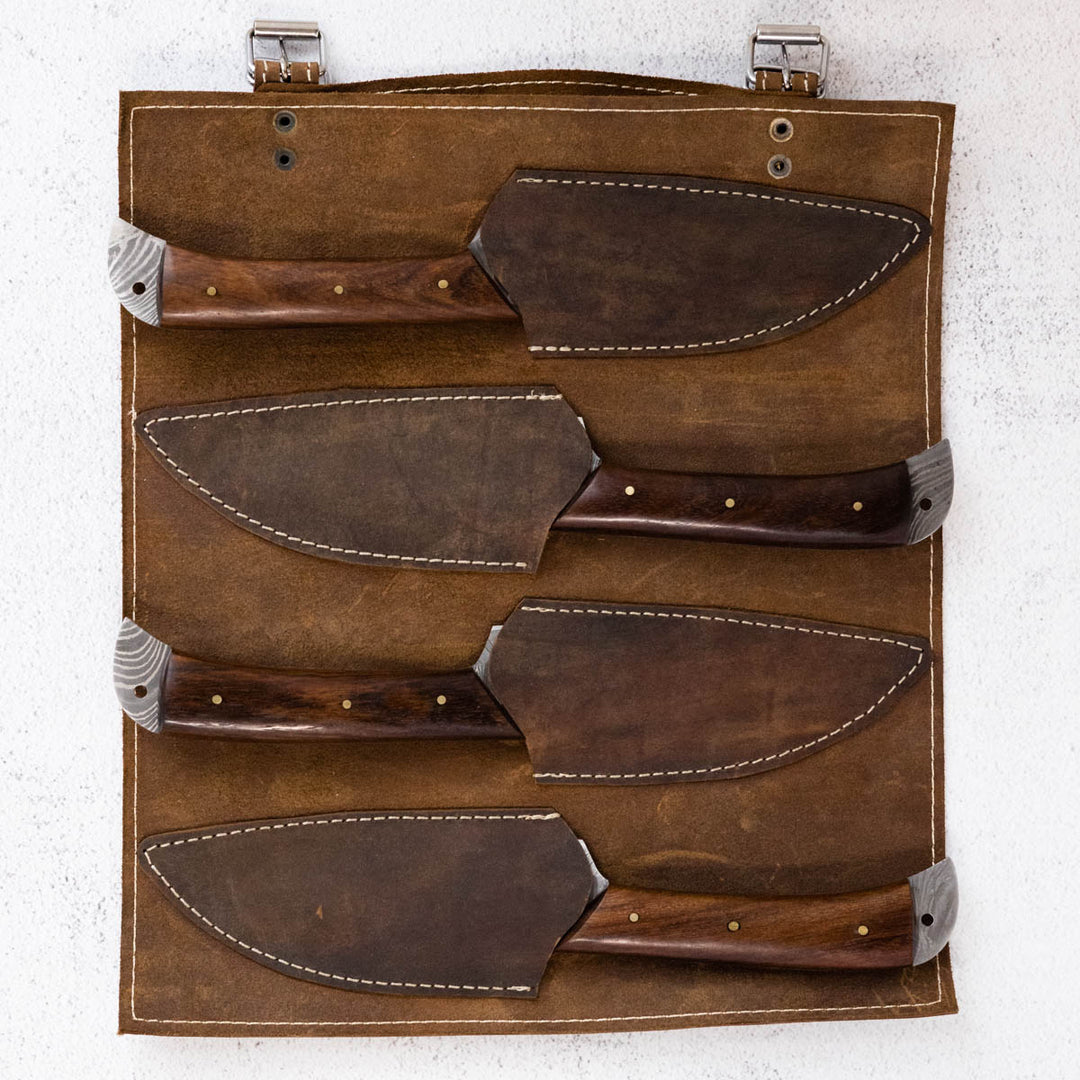 Wildrose - Damascus 4 Piece Steak Knife Set & Leather Roll