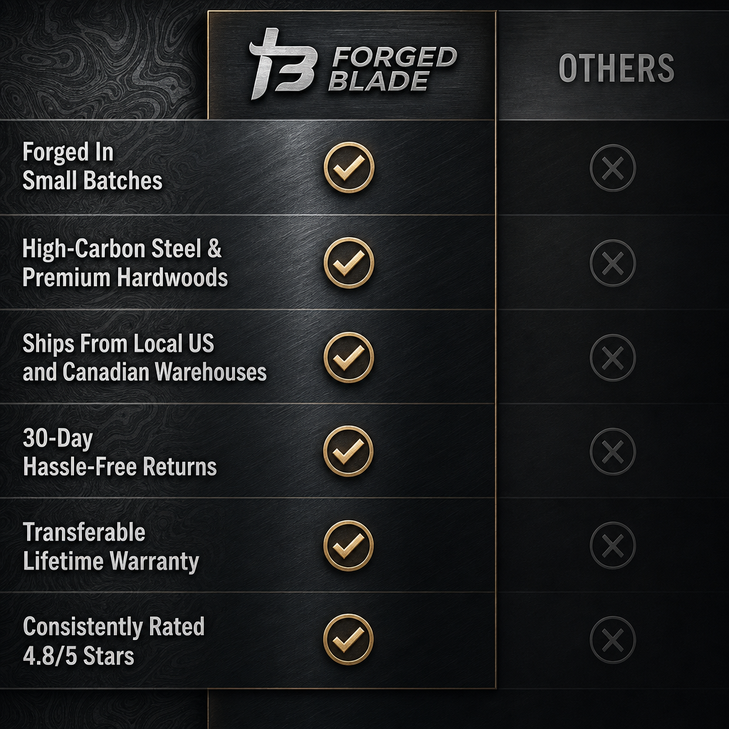 Forged In Small Batches
High-Carbon Steel & Premium Hardwoods
Ships From Local US and Canadian Warehouses
30-Day Hassle-Free Returns
Transferable Lifetime Warranty
Consistently Rated 4.8/5 Stars