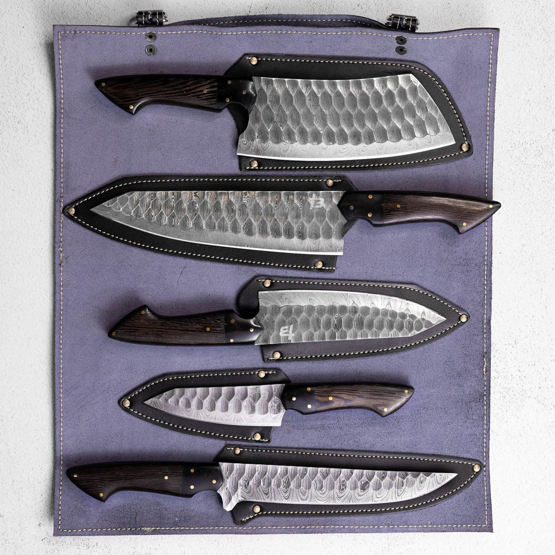 Darkthorn - Damascus 5 Piece Chef Knife Set & Leather Roll