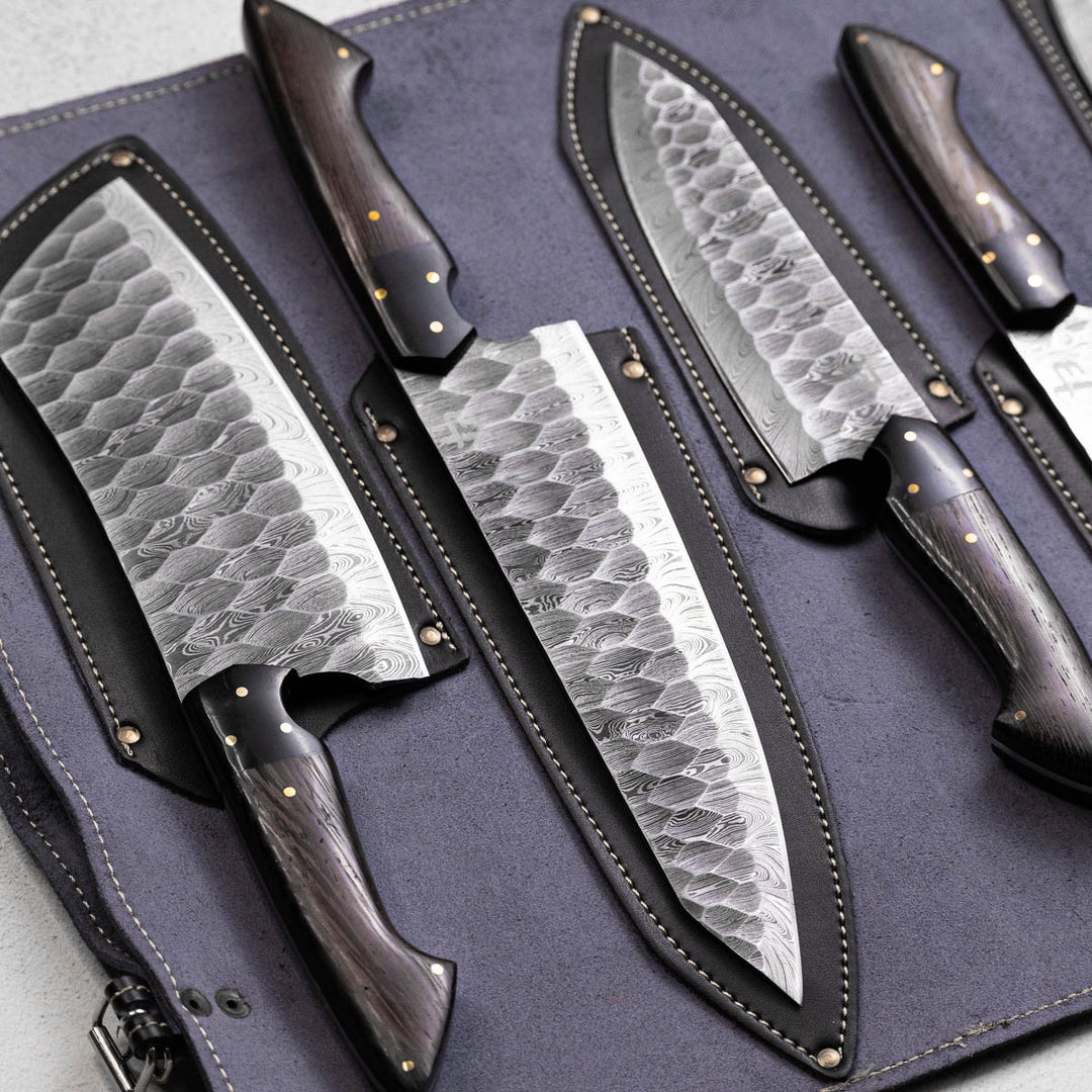 Darkthorn - Damascus 5 Piece Chef Knife Set & Leather Roll