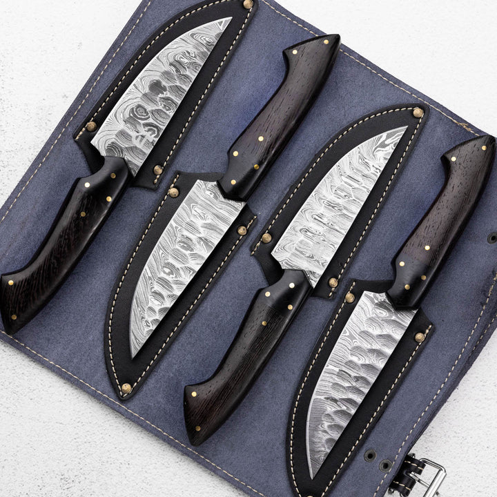 Darkthorn - Damascus 4 Piece Steak Knife Set & Leather Roll