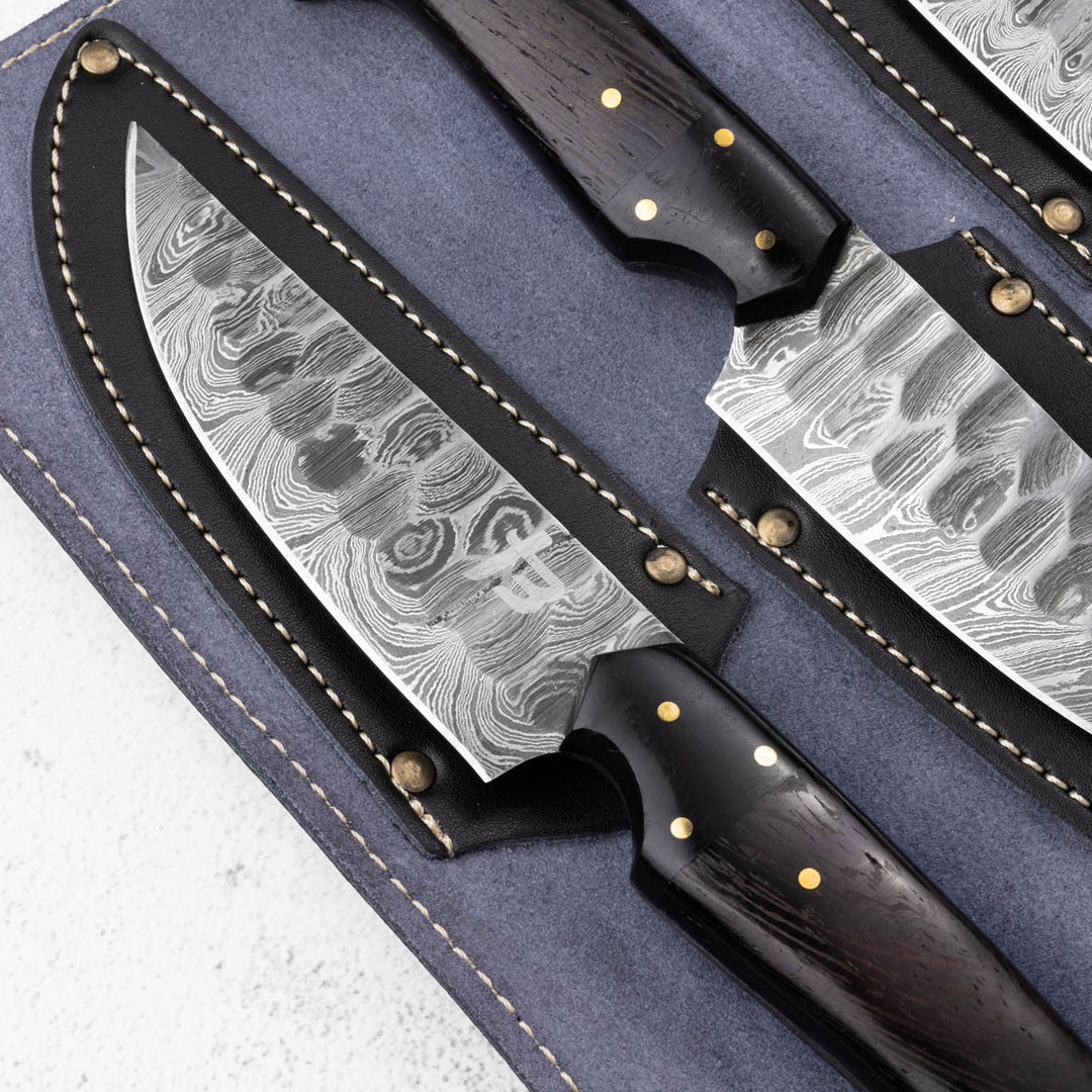 Darkthorn - Damascus 4 Piece Steak Knife Set & Leather Roll