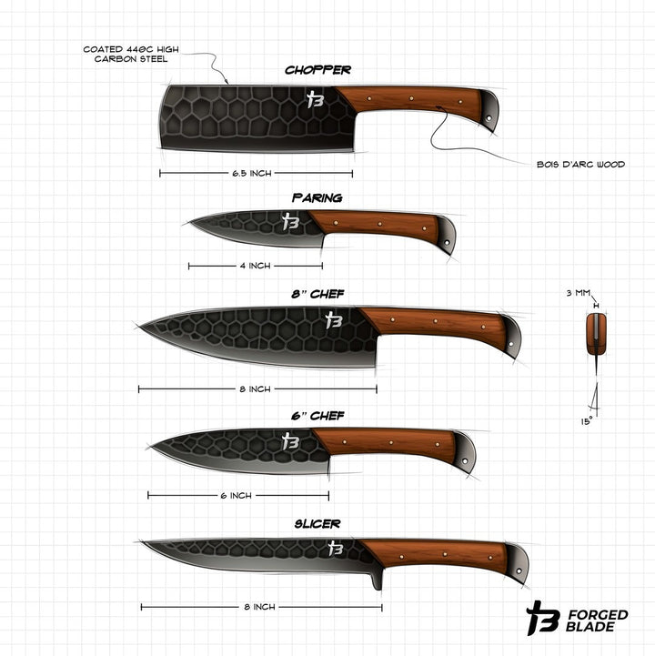 Wildrose Noir - Black 5 Piece Chef Knife Set & Leather Roll