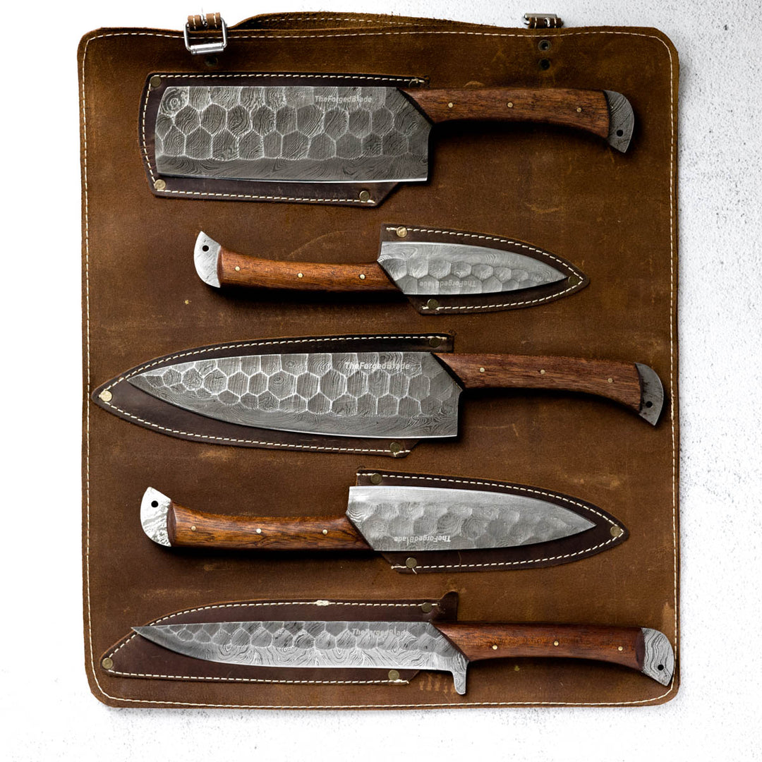 Wildrose - Damascus 5 Piece Chef Knife Set & Leather Roll