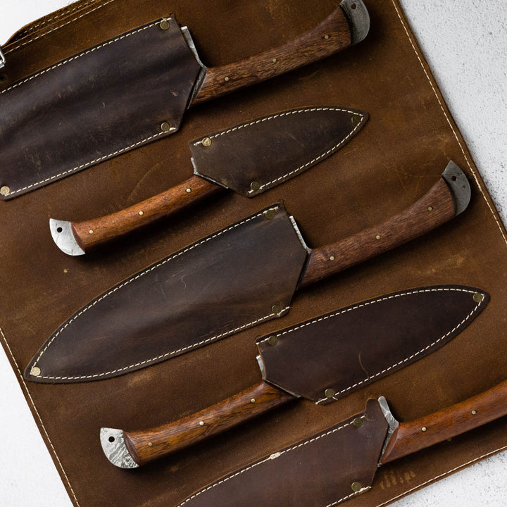 Wildrose - Damascus 5 Piece Chef Knife Set & Leather Roll