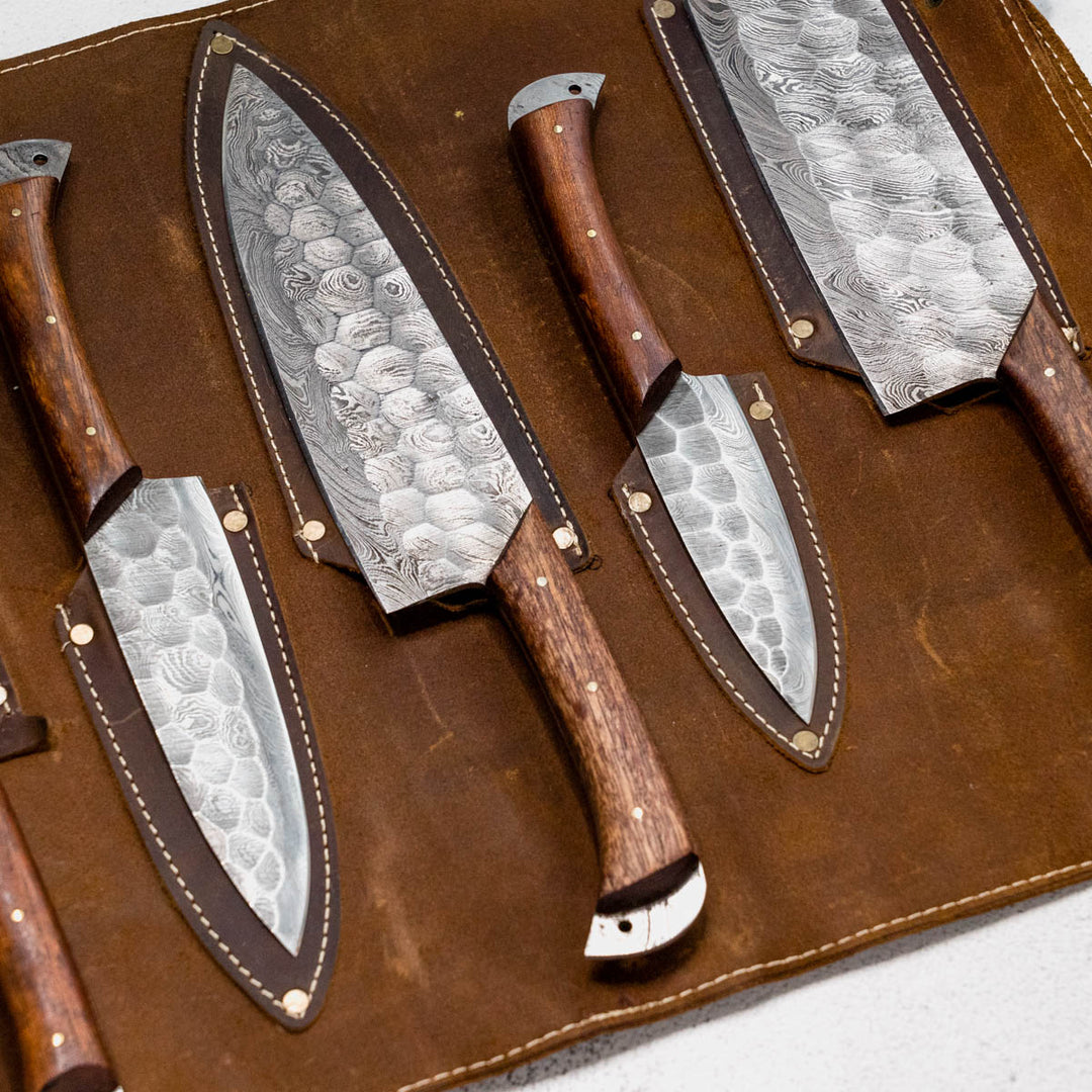 Wildrose - Damascus 5 Piece Chef Knife Set & Leather Roll – Forged