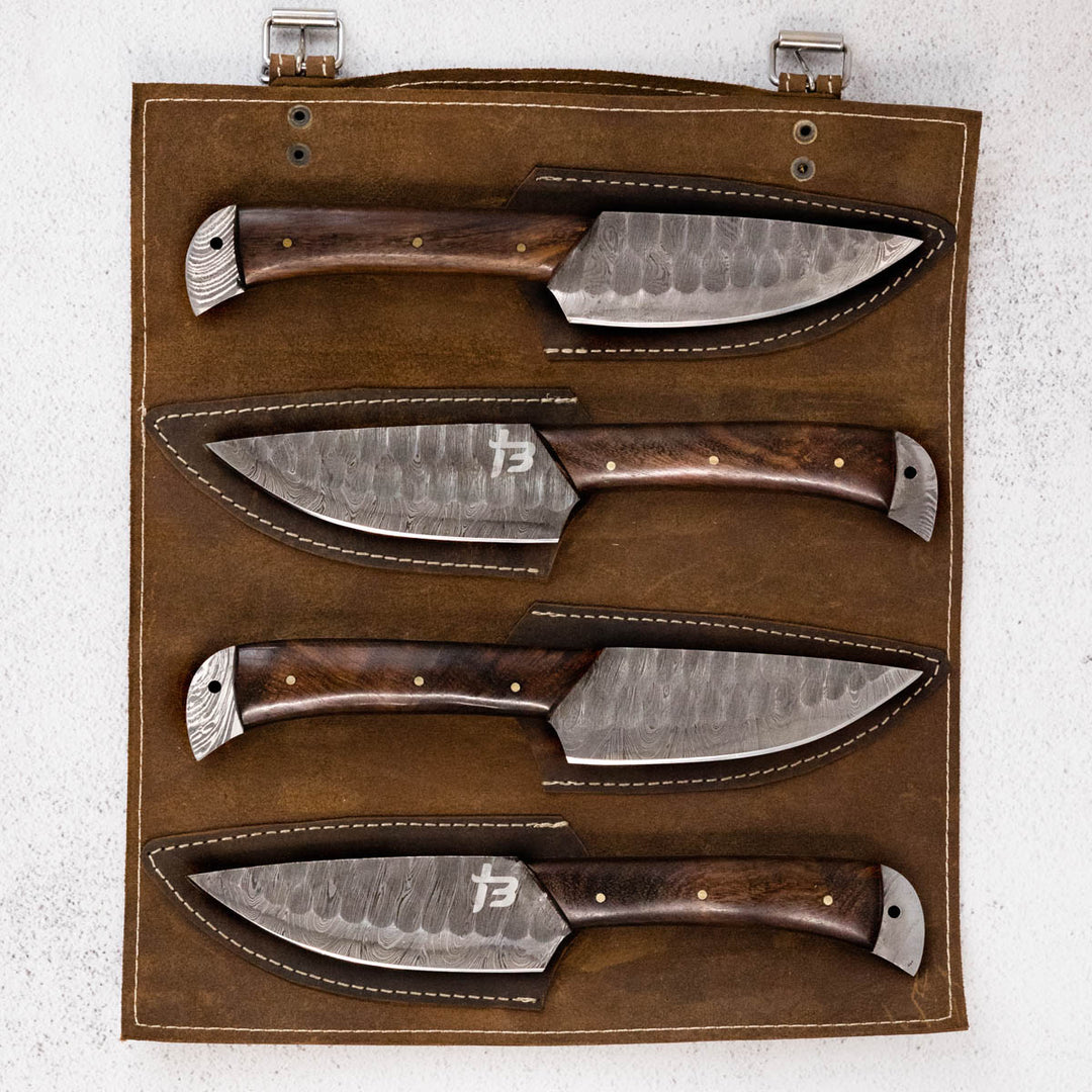 Wildrose - Damascus 4 Piece Steak Knife Set & Leather Roll – Forged Blade